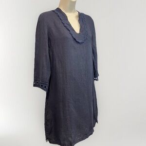 Via SIGNORIA Italy Women's Blue Linen Lace Trim 3/4 Sleeve Shift Dress Sz M